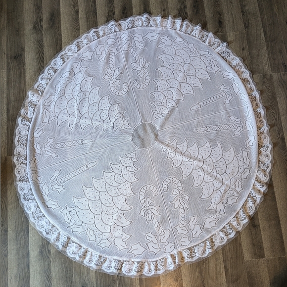 Source Unknown Other - Vintage Christmas Table Cloth Skirt 54" Lace Sheer White Candy Canes Holidays
